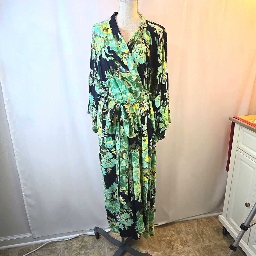 Handmade With Love Long Kimono Robe Navy Blue Green Floral Kaftan Sz XL Belted